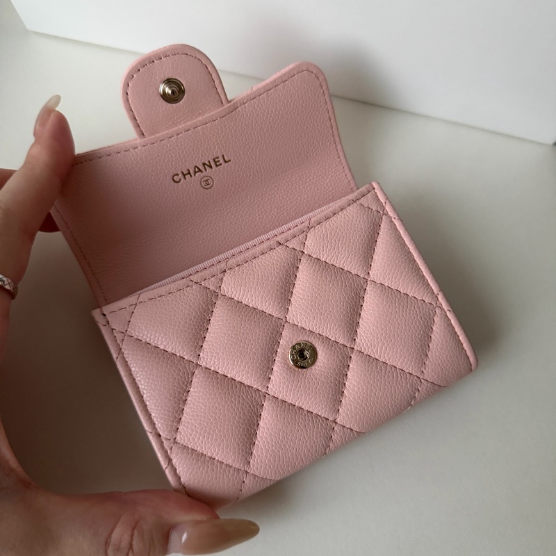 全新 Chanel 香奈兒 雙層零錢包 🌸粉色荔枝皮金釦 芯片-6