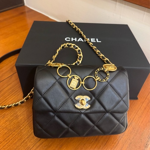chanel黑菱格金雙C圓圈提把斜背包