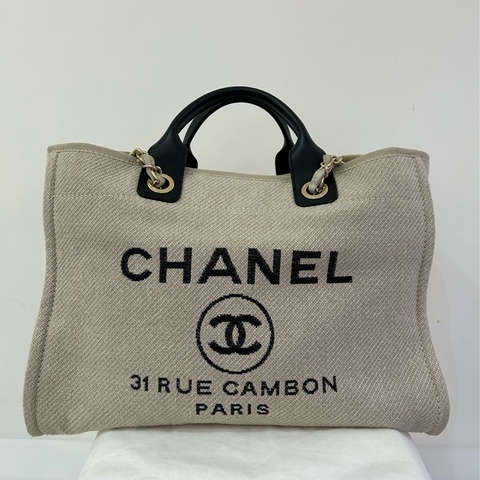 CHANEL米黑織布沙灘包-大