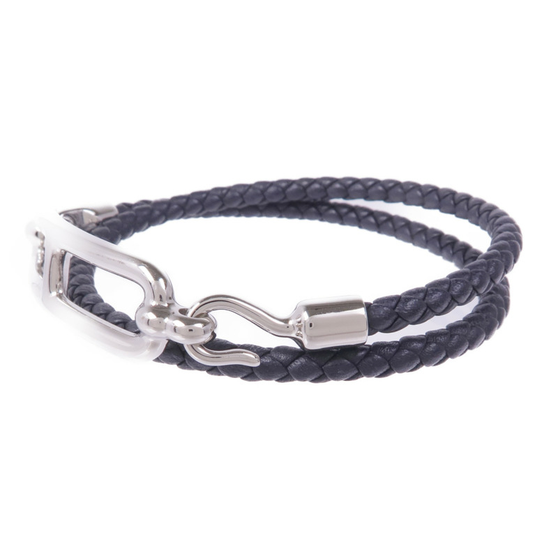 HERMES Swift皮革Roulis Double Tour Bracelet銀扣手帶Noir-1