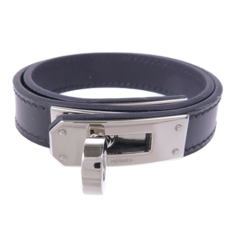 HERMES Swift皮革Kelly Double Tour Bracelet銀扣手帶Noir-0