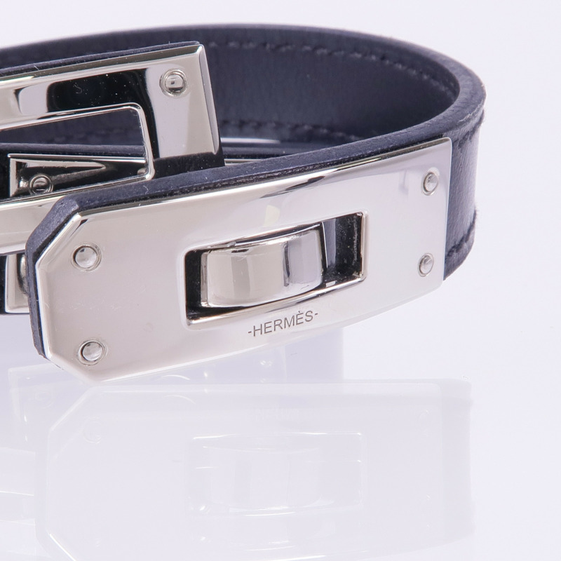 HERMES Swift皮革Kelly Double Tour Bracelet銀扣手帶Noir-7