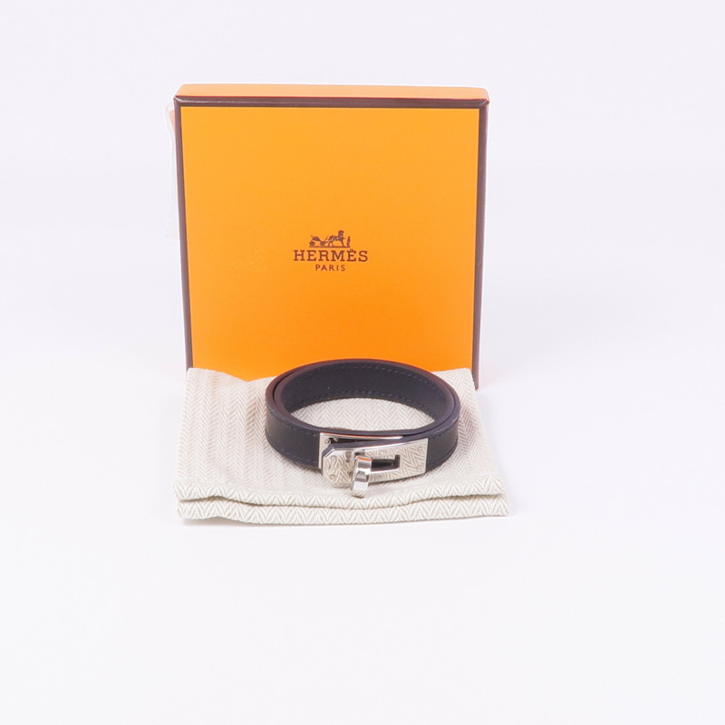 HERMES Swift皮革Kelly Double Tour Bracelet銀扣手帶Noir-10
