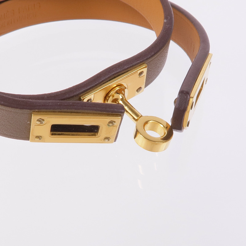 HERMES Swift皮革Mini Kelly Double Bracelet金扣手帶Etoupe-5