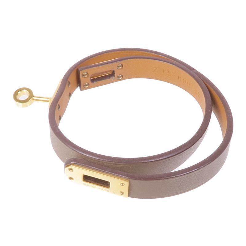 HERMES Swift皮革Mini Kelly Double Bracelet金扣手帶Etoupe-6