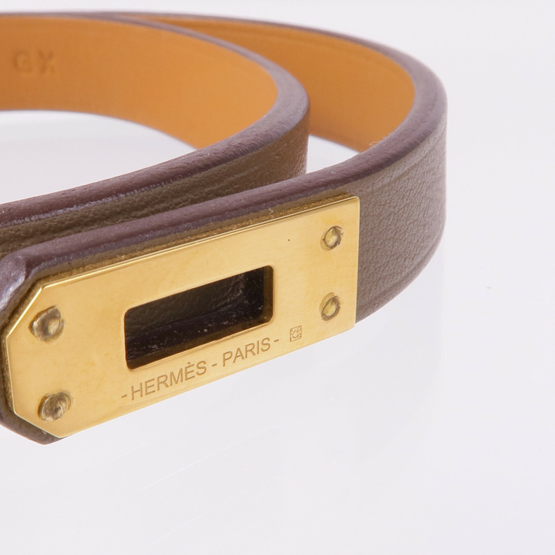 HERMES Swift皮革Mini Kelly Double Bracelet金扣手帶Etoupe-7