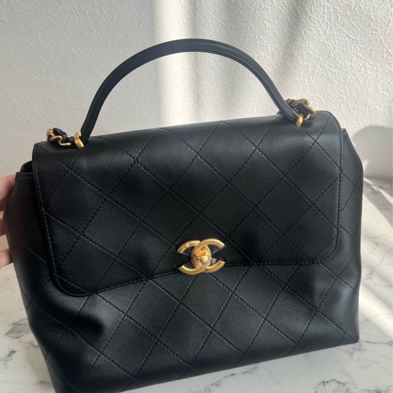chanel黑大菱格金雙C手提肩背公事包💼-1