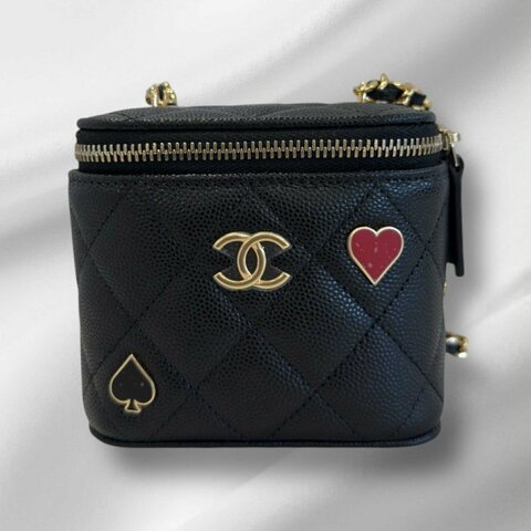 CHANEL 牛皮化妝MINI撲克鏈包 黑色 晶片