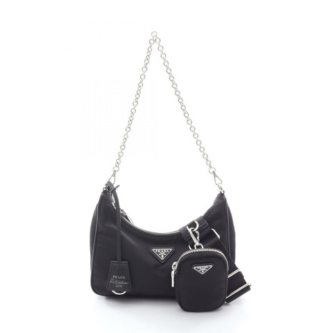 PRADA Re-Edition 2006 刺繡單肩包 1BH204 尼龍皮革黑色二手