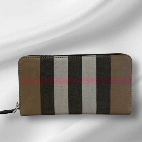 BURBERRY -W緹花布 格紋拉鏈長夾