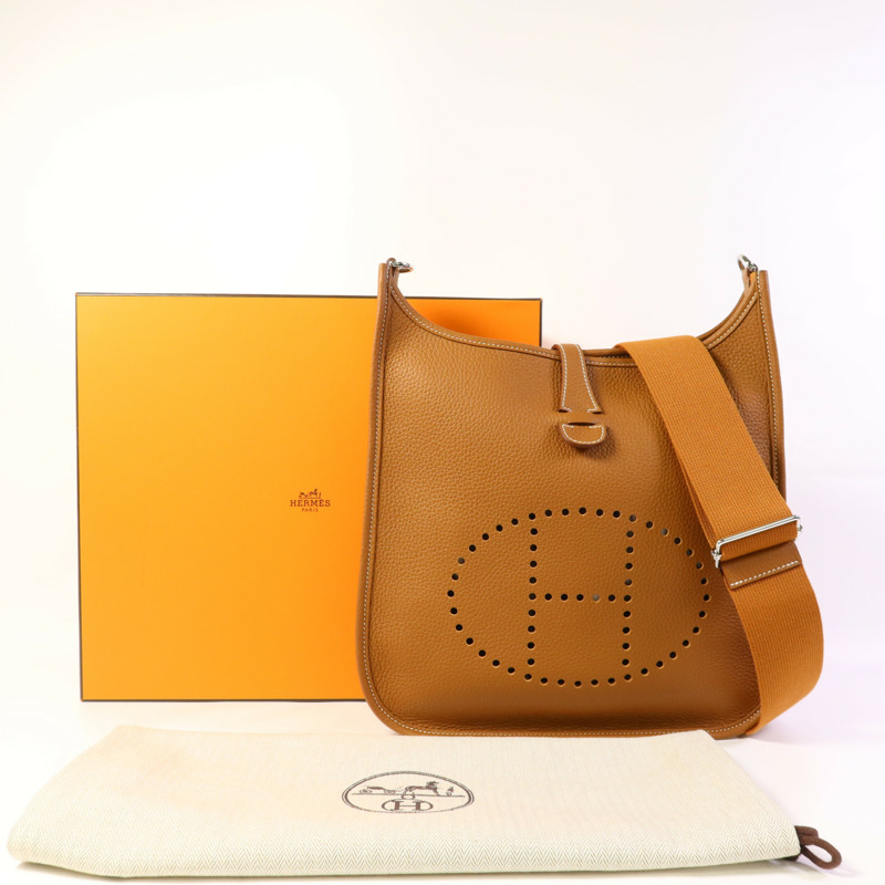 HERMES Clemence皮革Evelyne PM銀扣肩背袋Gold-14