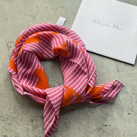 未使用品 Christian Dior 方形小絲巾 紅色條紋 Twilly