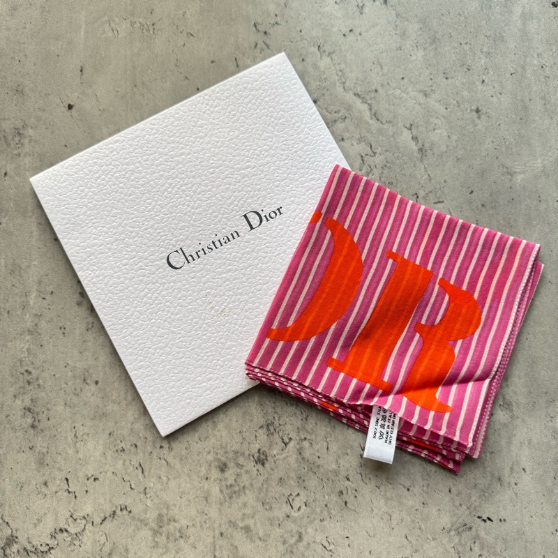 未使用品 Christian Dior 方形小絲巾 紅色條紋 Twilly-1