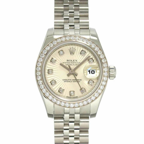 勞力士 Datejust 179384G G 編號，輪盤鑽石錶圈，女士手錶，10 顆鑽石，銀色，18K 白金，自動