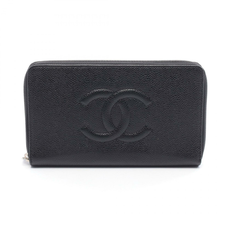 CHANEL COCO Mark Organizer Around 長款皮夾 小牛皮 黑色 二手 女士-0