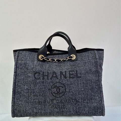 CHANEL深灰黑邊金鍊海灘二用包-中號