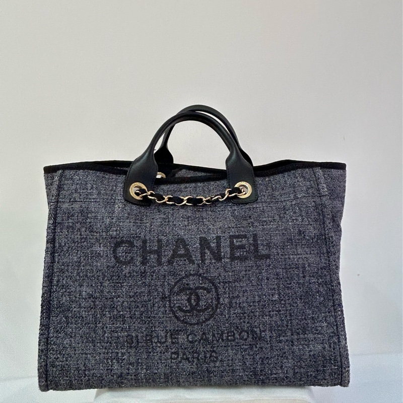 CHANEL深灰黑邊金鍊海灘二用包-中號-0