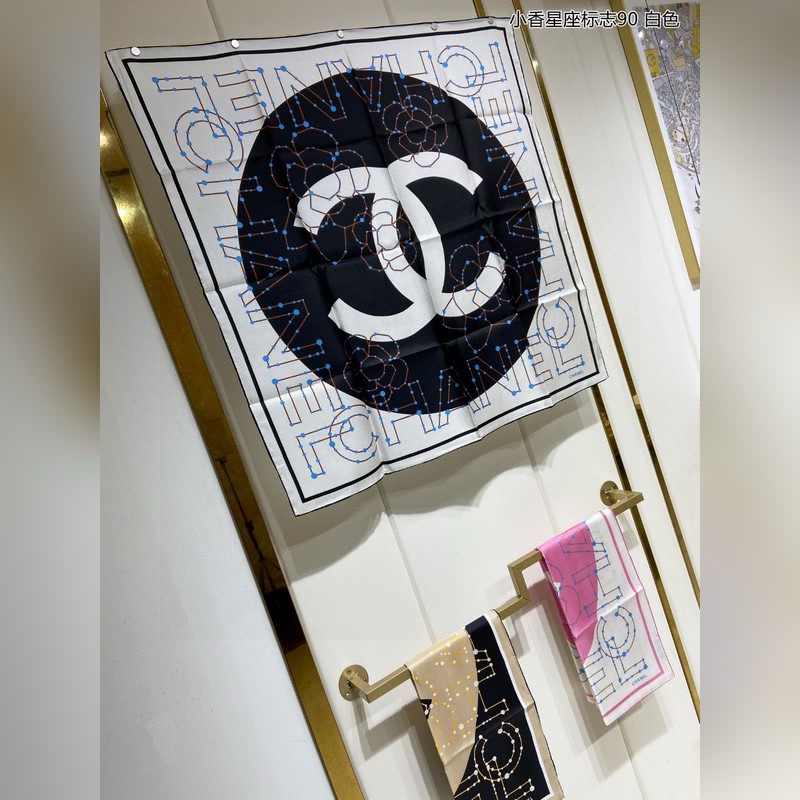 超甜價新款全新✨香奈兒Chanel稀有款絕美銀灰色星座銀河雙C大logo真絲絲巾領巾可裱框-5