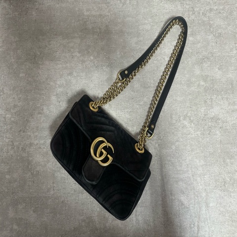 正品 Gucci marmont 黑金絲絨馬夢鏈條包
