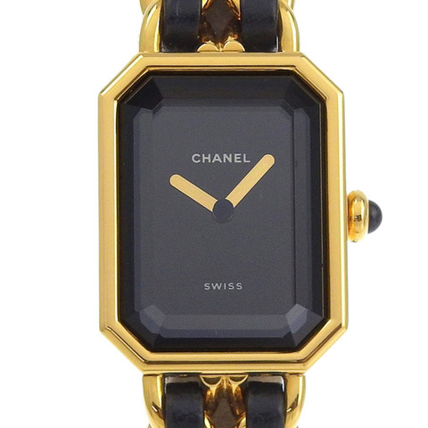 CHANEL Premiere M 女士手錶 H0001，鍍金皮革錶帶，石英機芯，模擬顯示，黑色錶盤