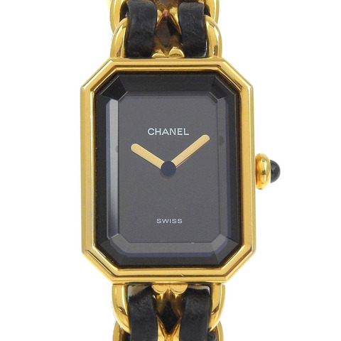 CHANEL Premiere L 女士手錶 H0001，鍍金皮革錶帶，石英機芯，模擬顯示，黑色錶盤