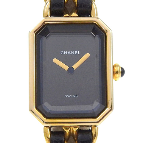 CHANEL Premiere L 女士手錶，鍍金皮革錶帶，石英機芯，模擬顯示，黑色錶盤
