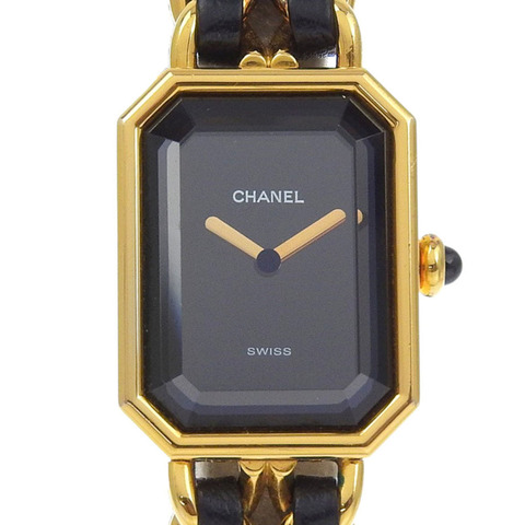 CHANEL Premiere M 女士手錶 H0001，鍍金皮革錶帶，石英機芯，模擬顯示，黑色錶盤