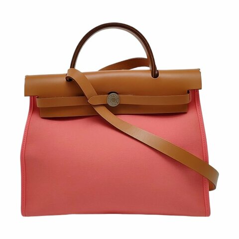 HERMÈS Herbag 31 奶昔粉帆布肩背包手提包 A刻 銀色五金