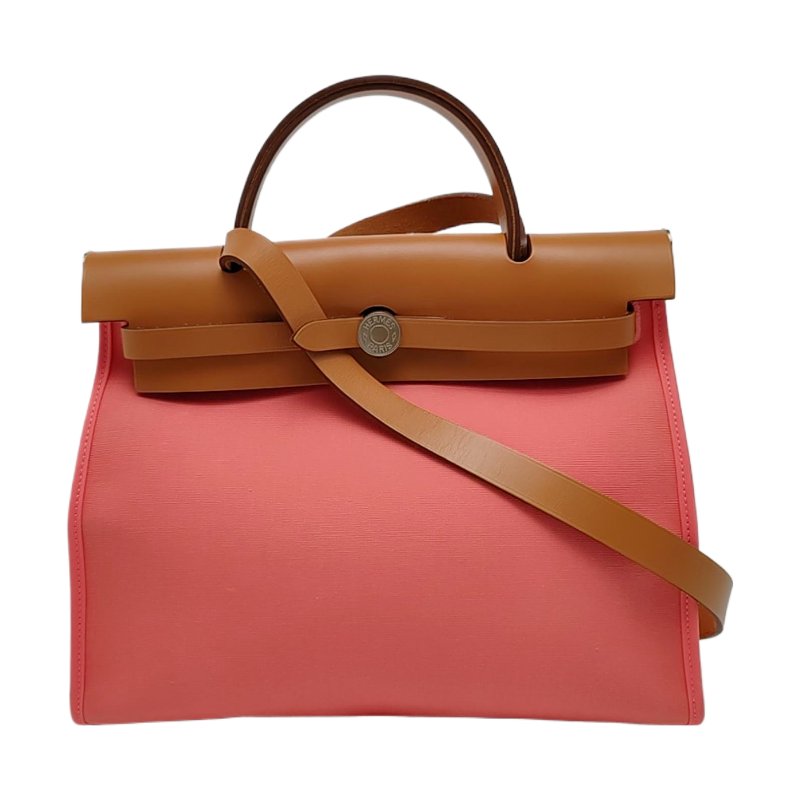HERMÈS Herbag 31 奶昔粉帆布肩背包手提包 A刻 銀色五金-0