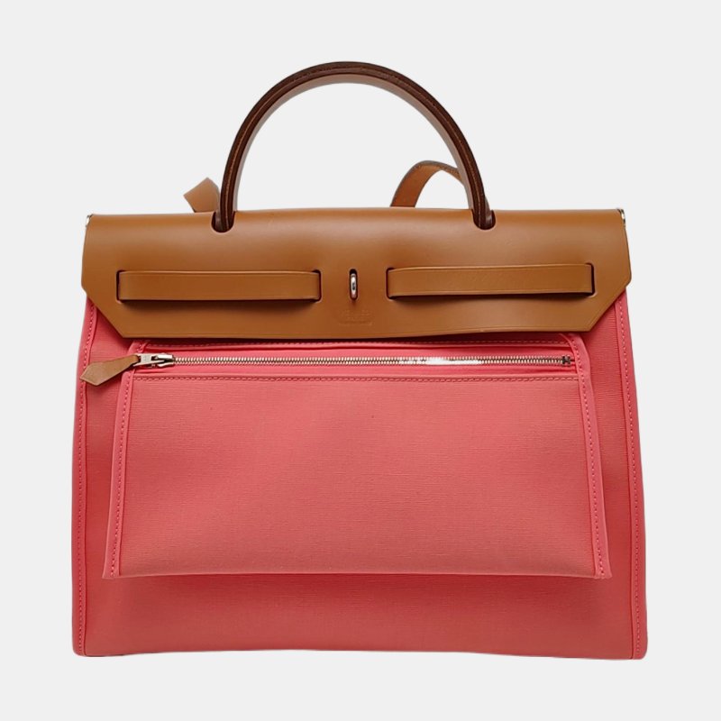 HERMÈS Herbag 31 奶昔粉帆布肩背包手提包 A刻 銀色五金-4