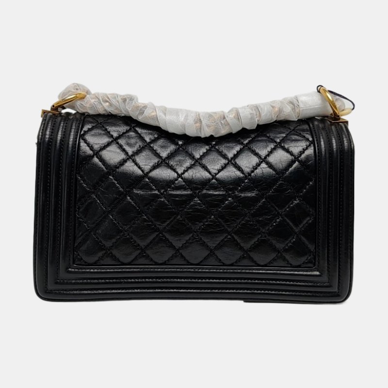 CHANEL BOY 中號 黑色羊皮菱格紋縫斜背包肩背包 金色五金-4