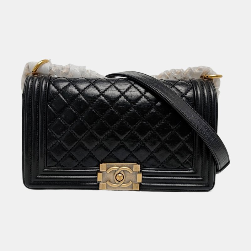 CHANEL BOY 中號 黑色羊皮菱格紋縫斜背包肩背包 金色五金-7