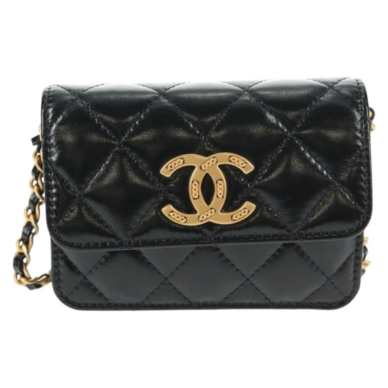 【日本直送】香奈兒 (CHANEL) Matelasse Chain 迷你單肩包,小牛皮材質,黑色,金色雙C標誌,貨號 142563M-12