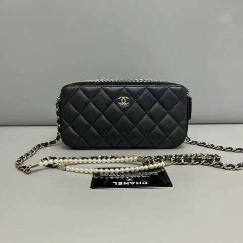 Chanel香奈兒 深灰色全皮菱格珍珠相機包 肩背包斜背包