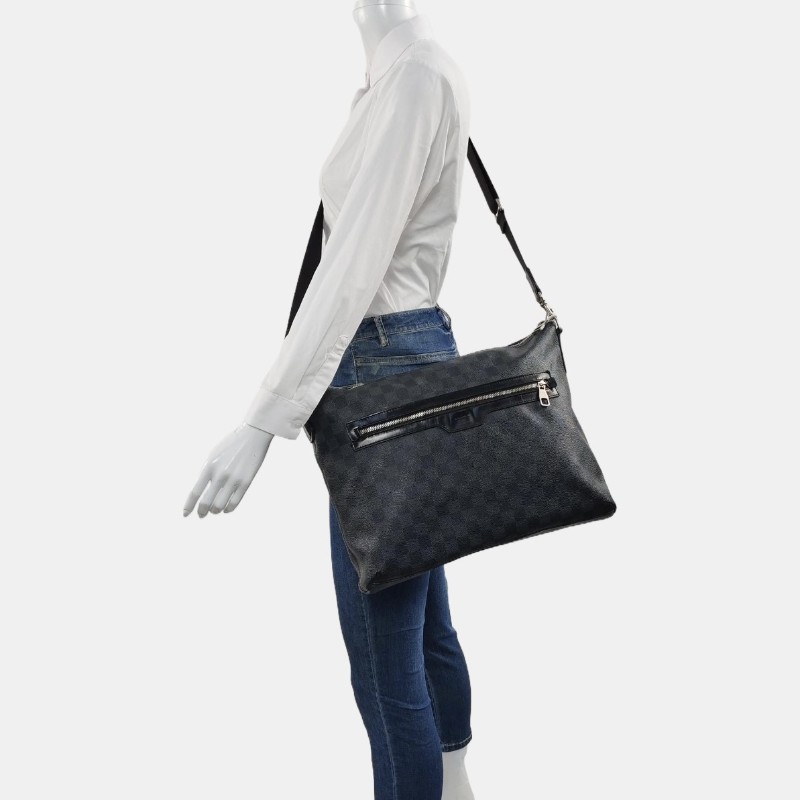 LOUIS VUITTON 灰色塗層帆布棋盤格 斜背包 肩背包 銀色五金可拆卸肩帶-1