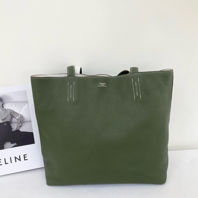Hermes 雙面tote double sens綠色內拼白色 totg皮 白色縫線 手提包肩背包-0