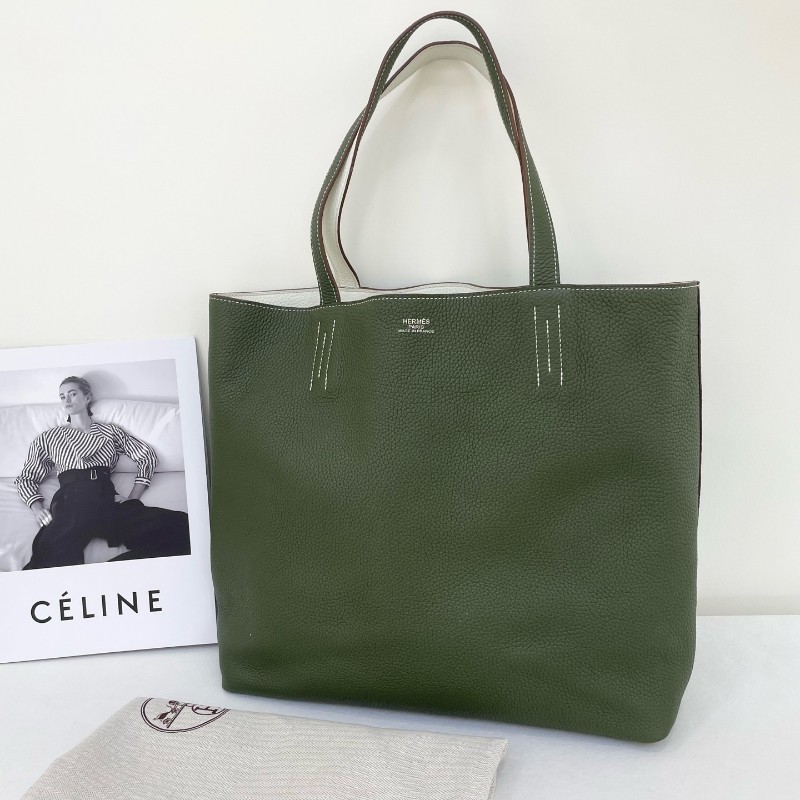 Hermes 雙面tote double sens綠色內拼白色 totg皮 白色縫線 手提包肩背包-1