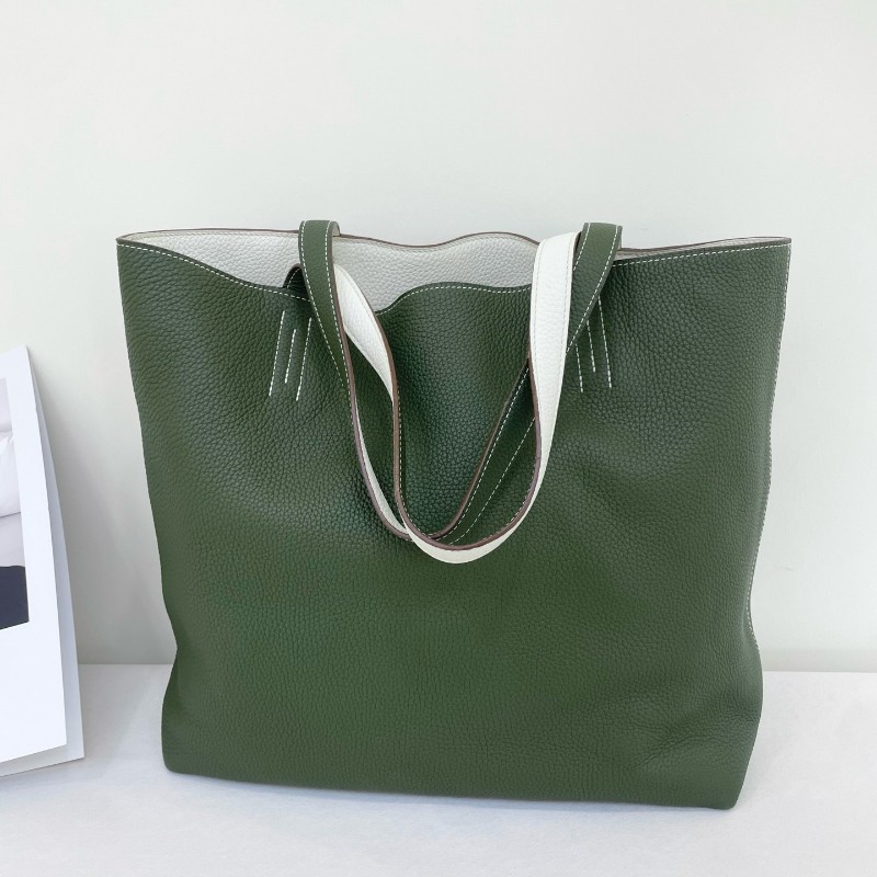 Hermes 雙面tote double sens綠色內拼白色 totg皮 白色縫線 手提包肩背包-2