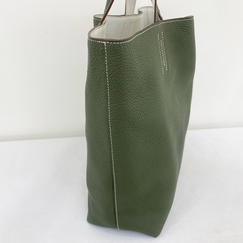 Hermes 雙面tote double sens綠色內拼白色 totg皮 白色縫線 手提包肩背包-4