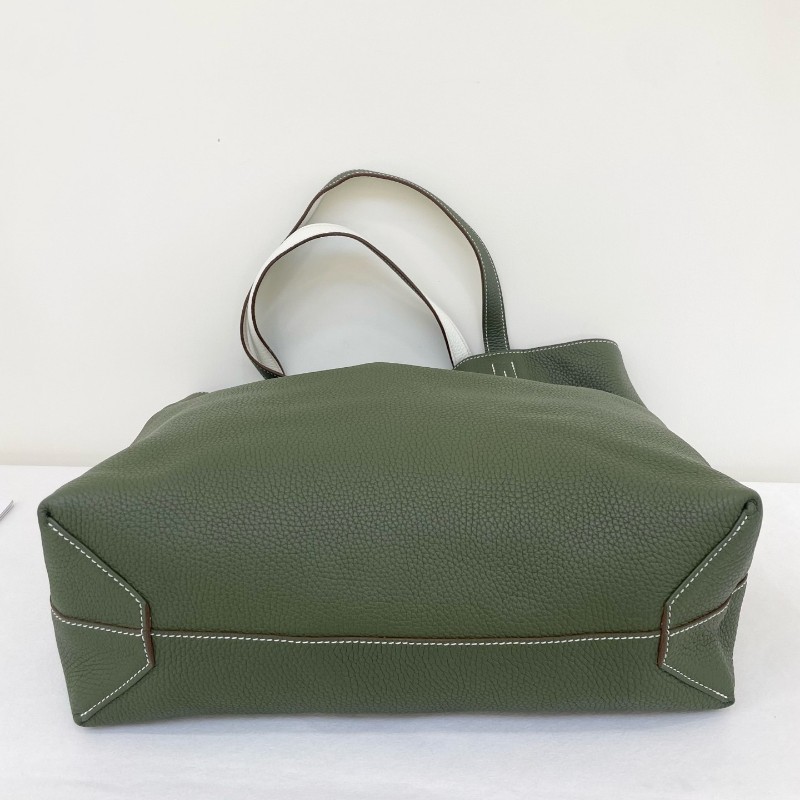 Hermes 雙面tote double sens綠色內拼白色 totg皮 白色縫線 手提包肩背包-5