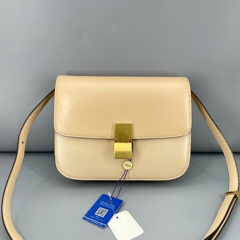 Celine box中號豆腐包奶茶色光面皮 斜背包肩背包