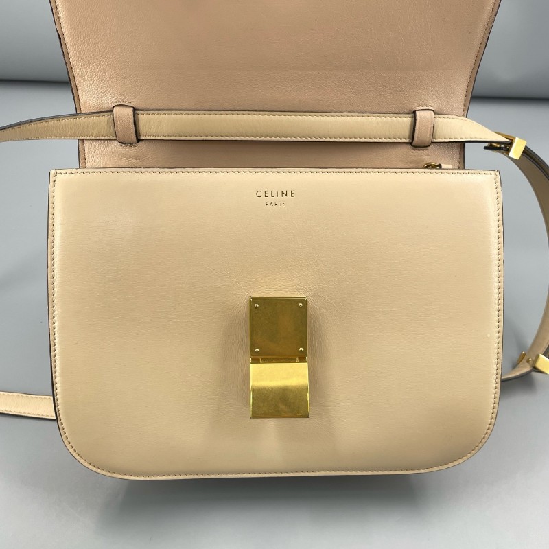 Celine box中號豆腐包奶茶色光面皮 斜背包肩背包-7