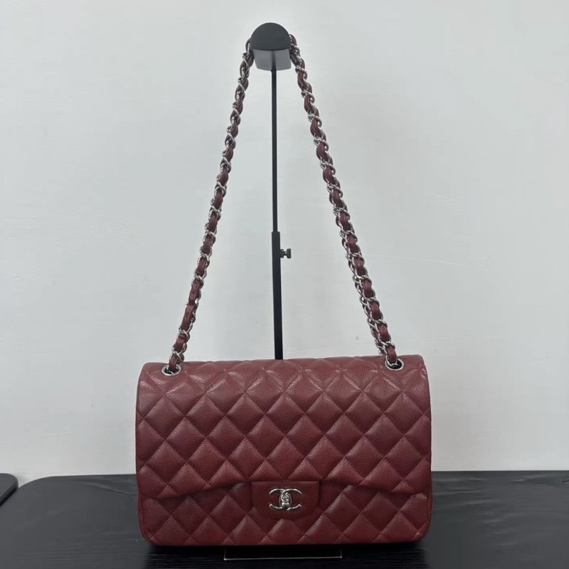 CHANEL 銀扣紅色CF大號jumbo肩背斜背包 30*19.5*10 98新配件塵袋-0