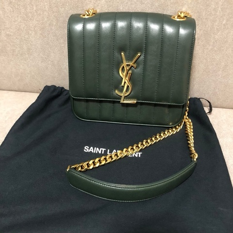 YSL 💫 Vicky 鏈條包 深綠皮革線條 肩背 斜背