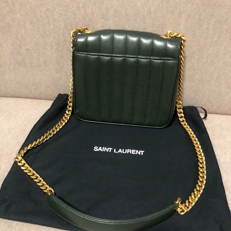 YSL 💫 Vicky 鏈條包 深綠皮革線條 肩背 斜背-1