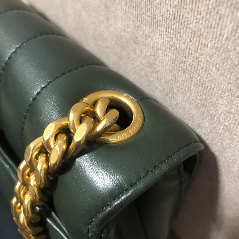 YSL 💫 Vicky 鏈條包 深綠皮革線條 肩背 斜背-8