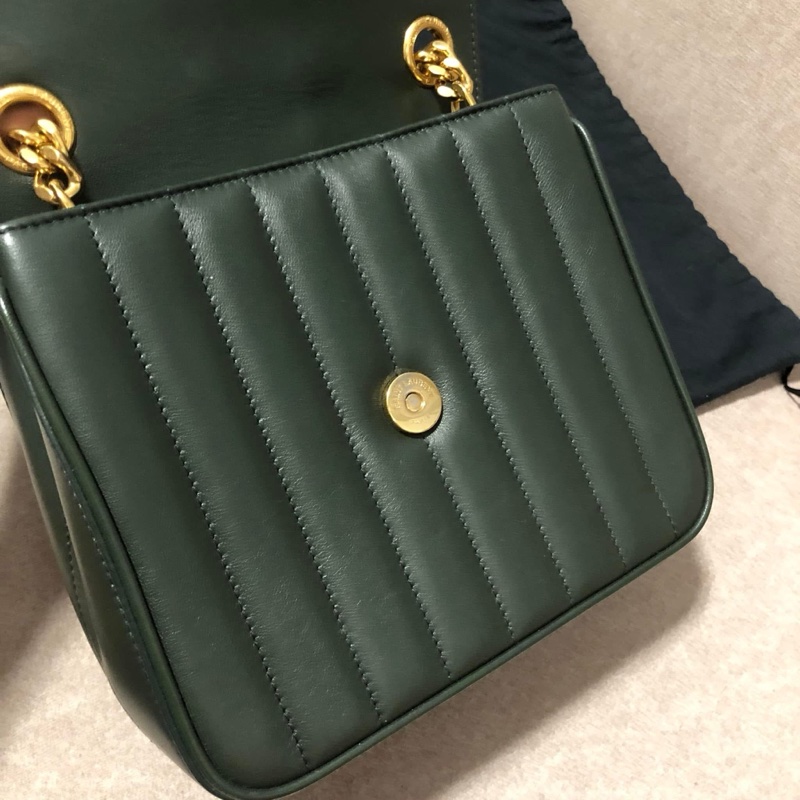 YSL 💫 Vicky 鏈條包 深綠皮革線條 肩背 斜背-11