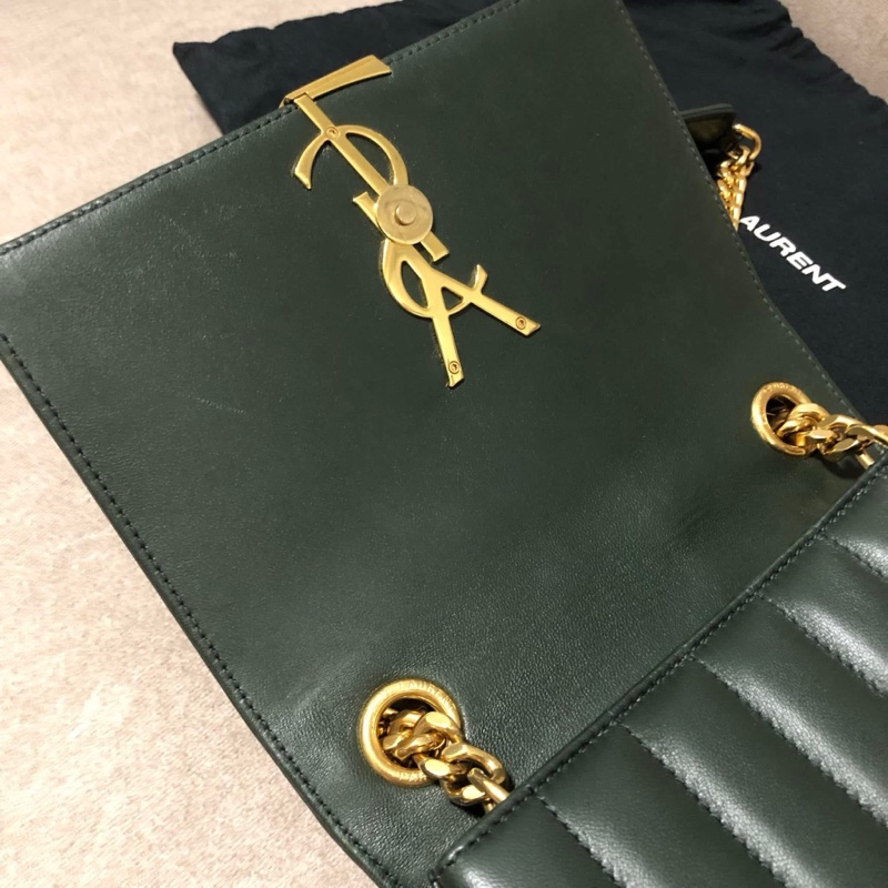 YSL 💫 Vicky 鏈條包 深綠皮革線條 肩背 斜背-14