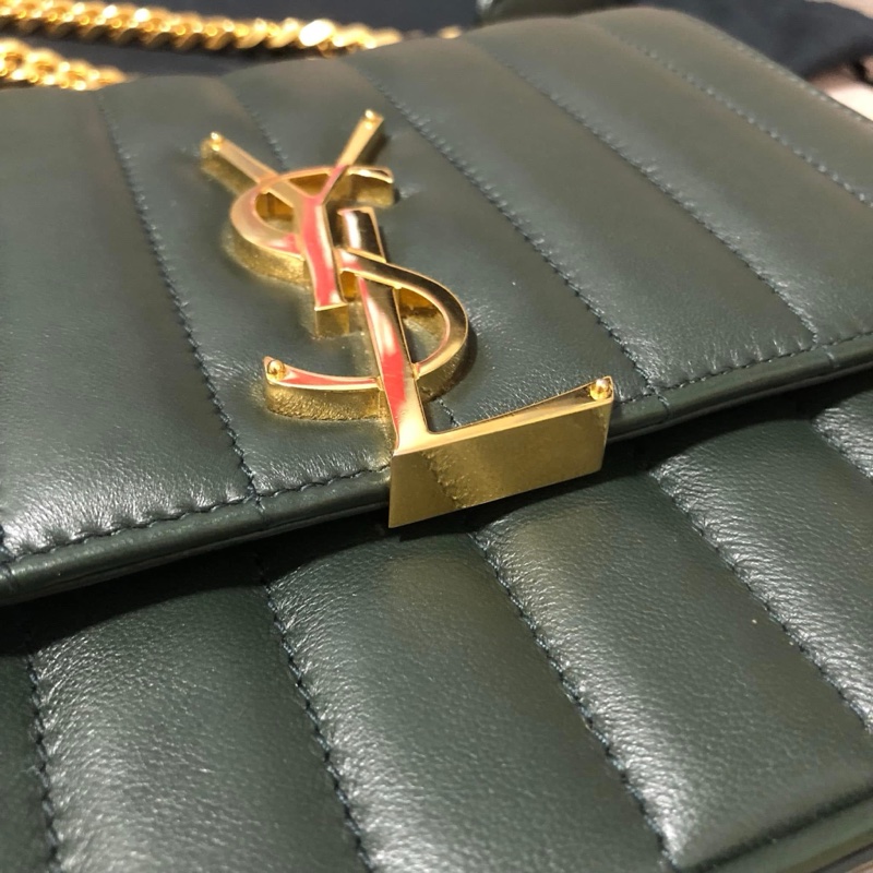 YSL 💫 Vicky 鏈條包 深綠皮革線條 肩背 斜背-16