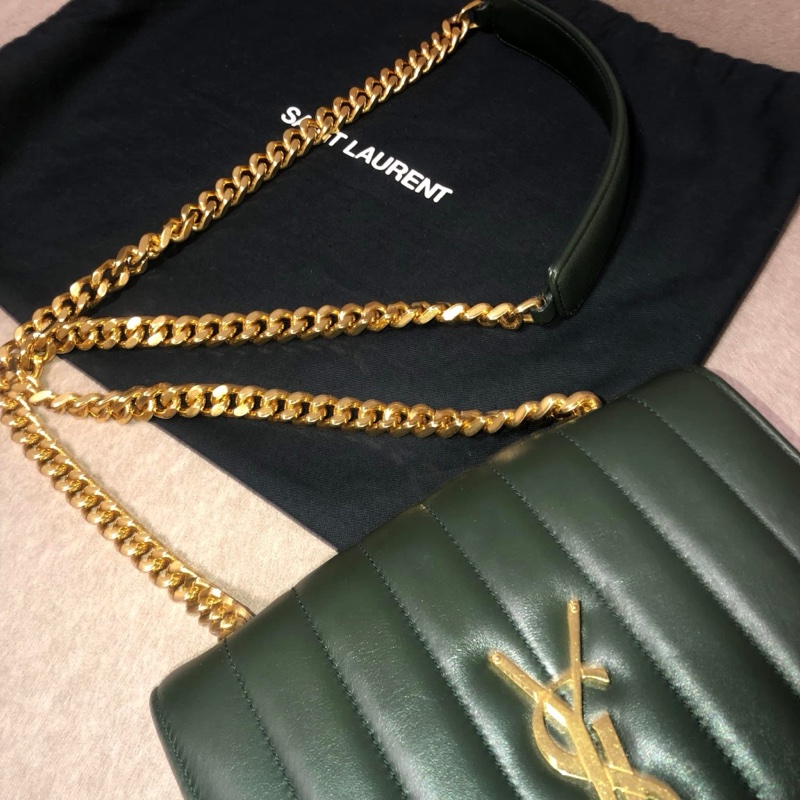 YSL 💫 Vicky 鏈條包 深綠皮革線條 肩背 斜背-17